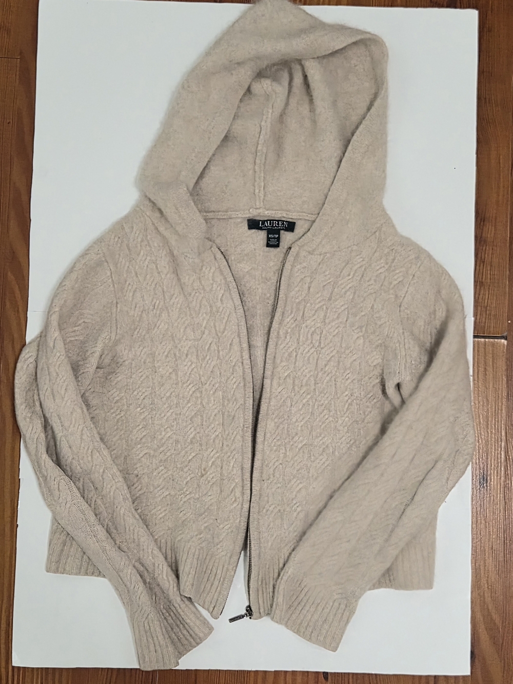 Lauren Ralph Cashmere Lauren Cream Cable-Knit Hooded Zip Sweater